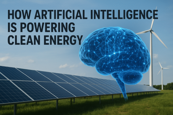 Solar panels and wind turbines connected to AI-powered smart grid dashboard, symbolizing how Artificial Intelligence is driving the clean energy revolution.