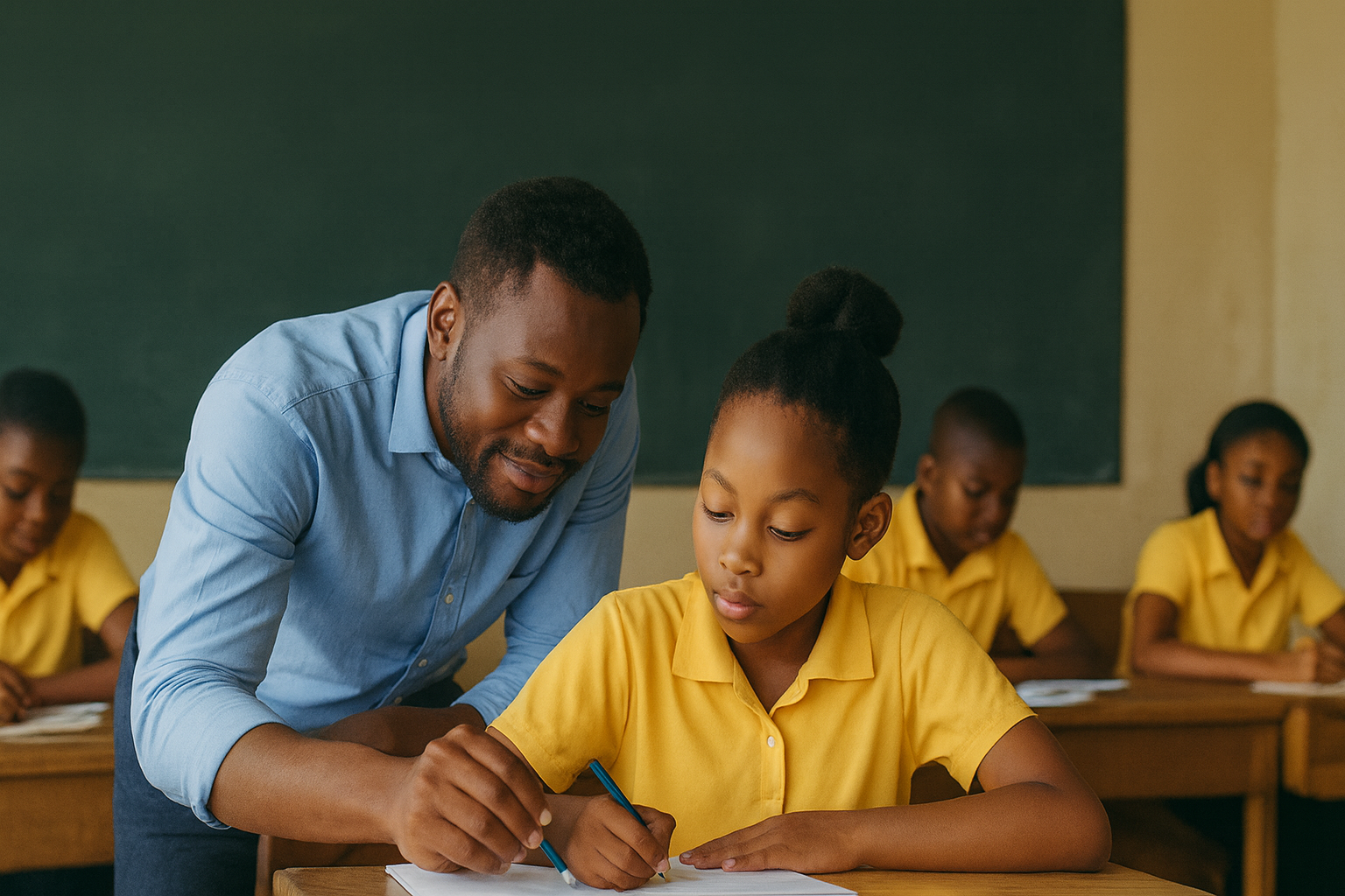 Teacher coaching a primary school classroom in Africa: instructor modelling a reading lesson while children follow along in their textbooks.