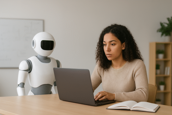 “Students using AI-powered tools and digital technology in a modern classroom representing the future of education.”