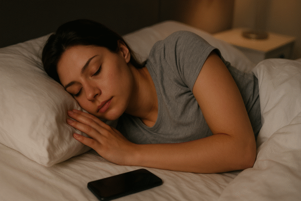 A person sleeping in bed at night with a glowing phone beside them, representing the health risks of using phones before sleep.