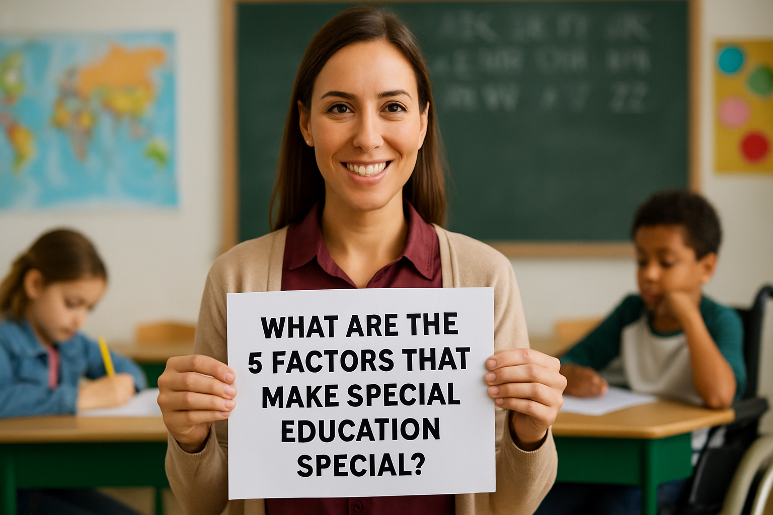 Student receiving individualized support from a teacher in a special education classroom using assistive learning tools.