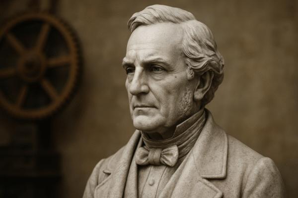 “Historical inventors like Tesla, Edison, and Turing portrayed alongside modern AI and digital technology symbols to represent the evolution of technology through time.”