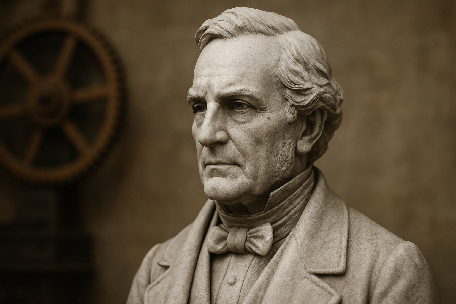 “Historical inventors like Tesla, Edison, and Turing portrayed alongside modern AI and digital technology symbols to represent the evolution of technology through time.”