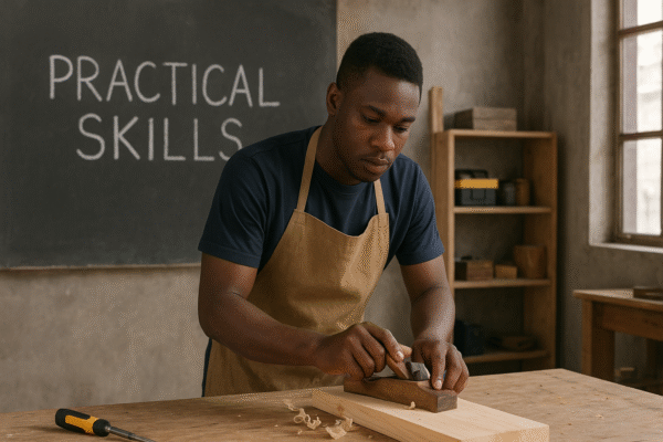 Nigerian youth learning hands-on vocational and technical skills in a workshop environment, highlighting the debate between practical skills and certificates.