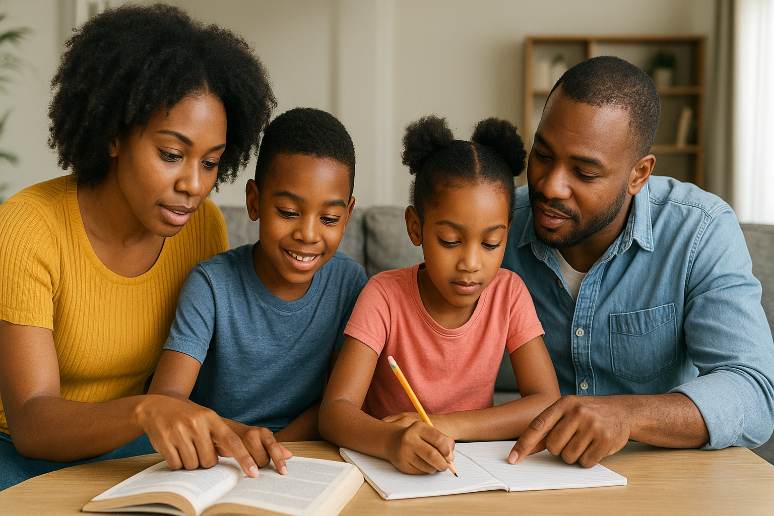 Parents spending quality time guiding their children during long school holidays through reading, outdoor activities, and creative learning.