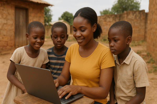 Students using digital learning tools in a low-resource community classroom setting.