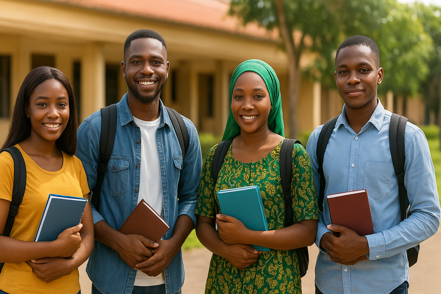 International students smiling on a university campus, representing global fully funded scholarship opportunities for Nigerian students.