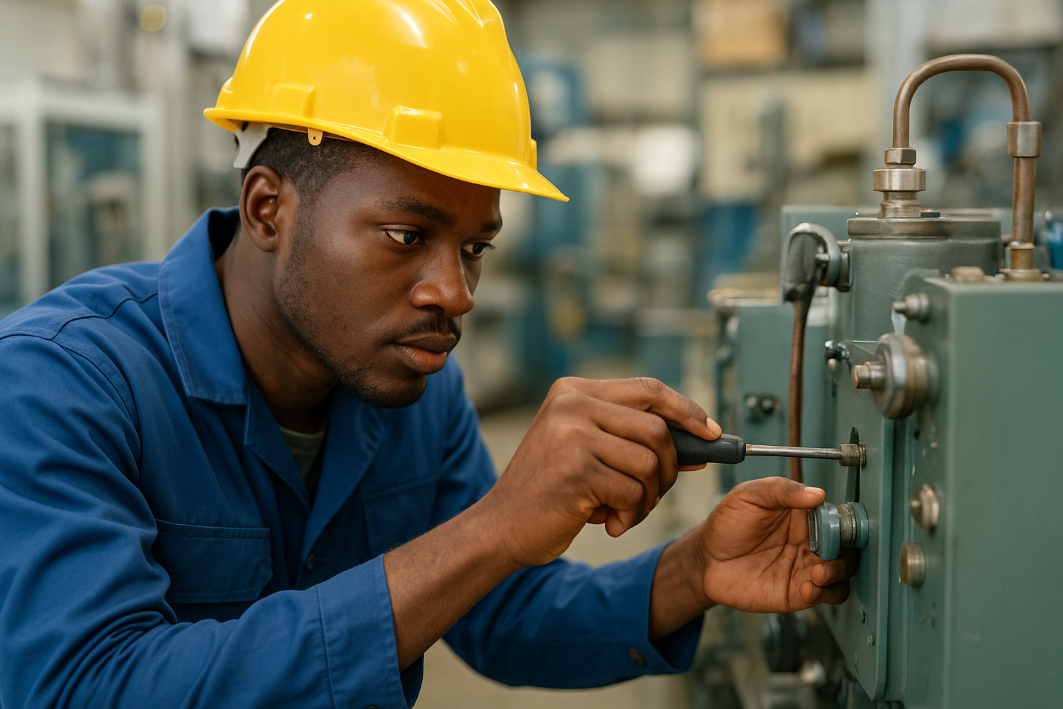 African engineering students working with mechanical and electrical tools in a modern technical training workshop, representing Level 4 Engineering practical skills development.