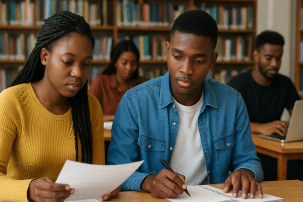 Student reviewing scholarship application materials and grades at a desk with a laptop, notebooks, and calculator — representing GPA, scholarship research, and financial aid planning.