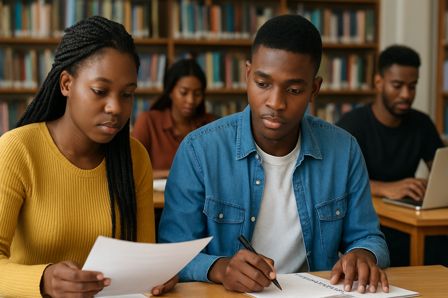 Student reviewing scholarship application materials and grades at a desk with a laptop, notebooks, and calculator — representing GPA, scholarship research, and financial aid planning.