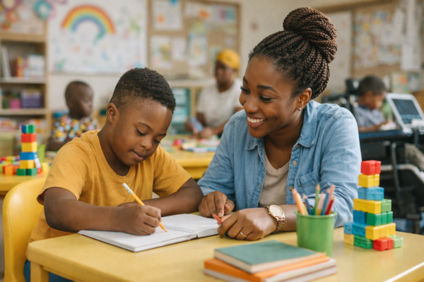 Inclusive classroom with a teacher supporting students with disabilities during a special needs education lesson.