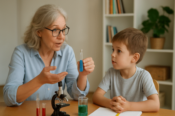A parent teaching a curious 7-year-old child about science using simple experiments at home