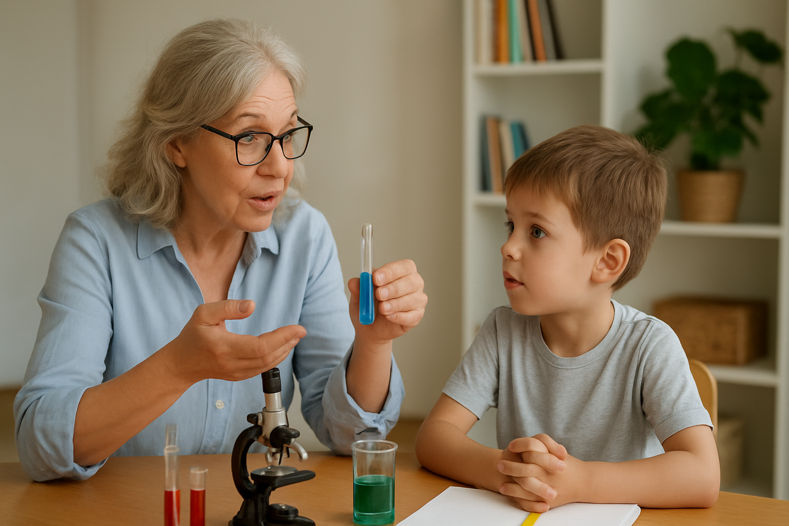A parent teaching a curious 7-year-old child about science using simple experiments at home