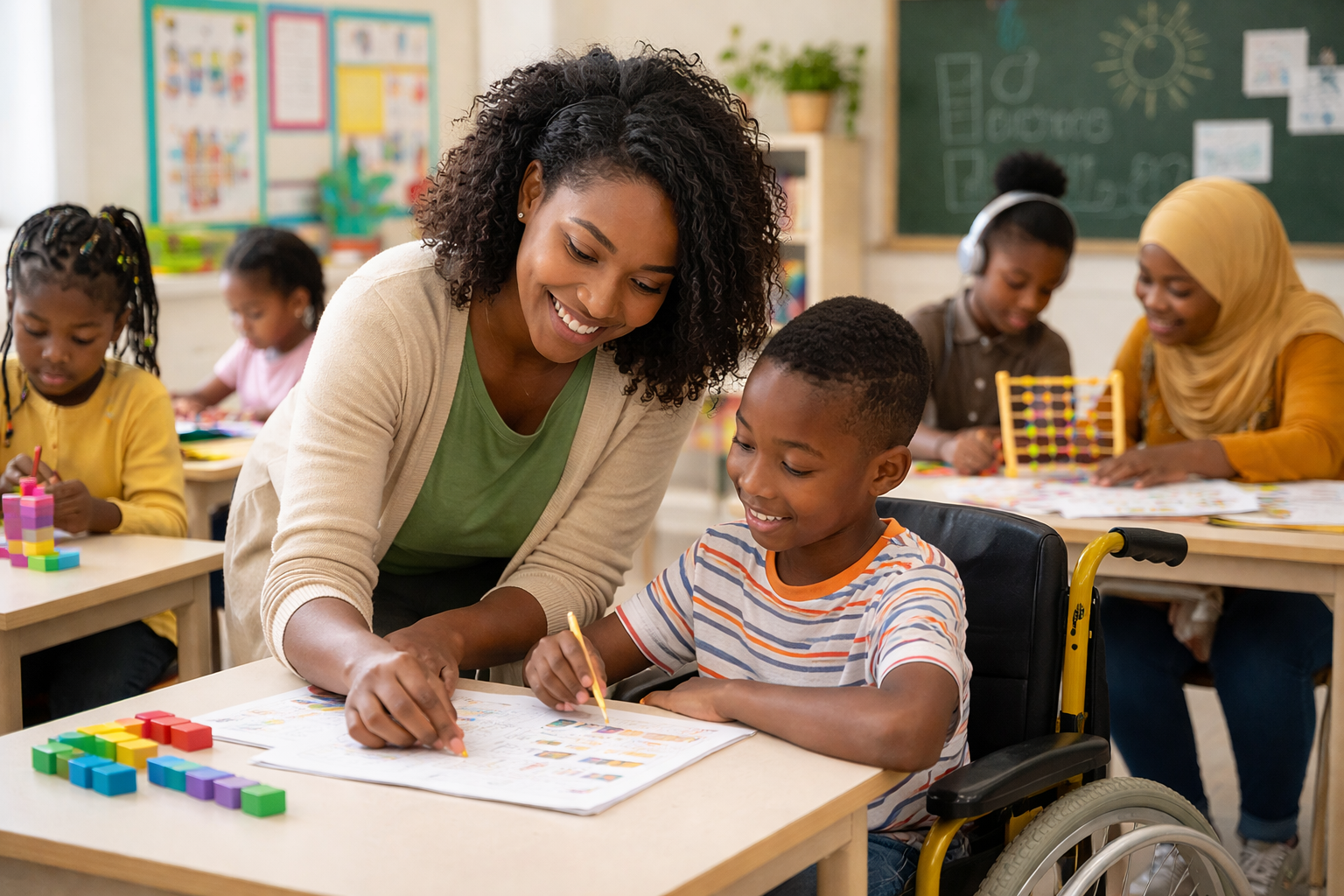 Special education teacher working one-on-one with a diverse group of students in an inclusive classroom using learning support materials.