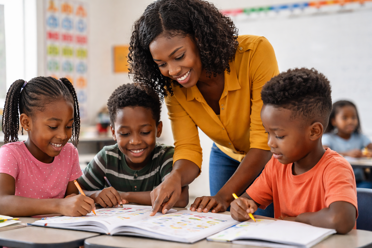 Early grade students learning phonics with letter cards and word charts in a classroom setting.