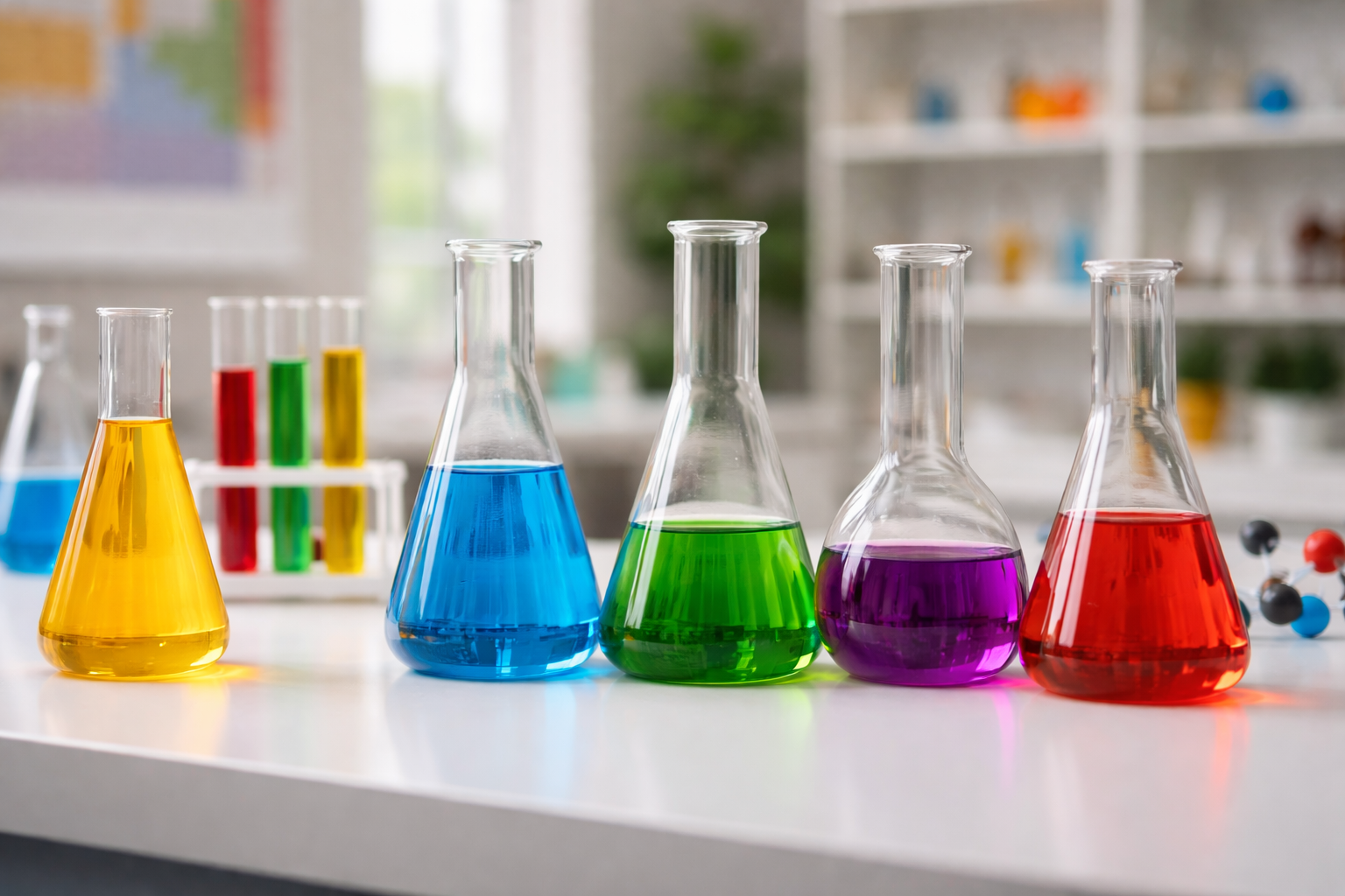 Chemistry students conducting laboratory experiments while studying atomic structure, chemical bonding, reactions, and energy changes.