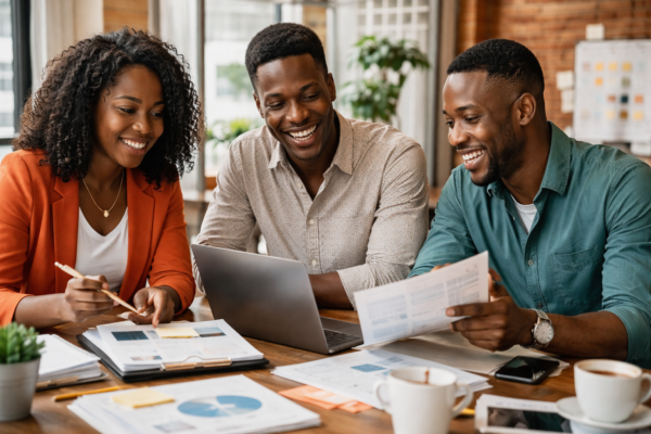 Entrepreneurs collaborating in a modern workspace, planning and discussing the 7 M’s of entrepreneurship for business growth and sustainability.