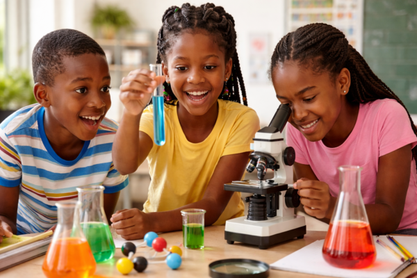 Happy children conducting simple science experiments in a classroom, learning the science definition through hands-on activities.