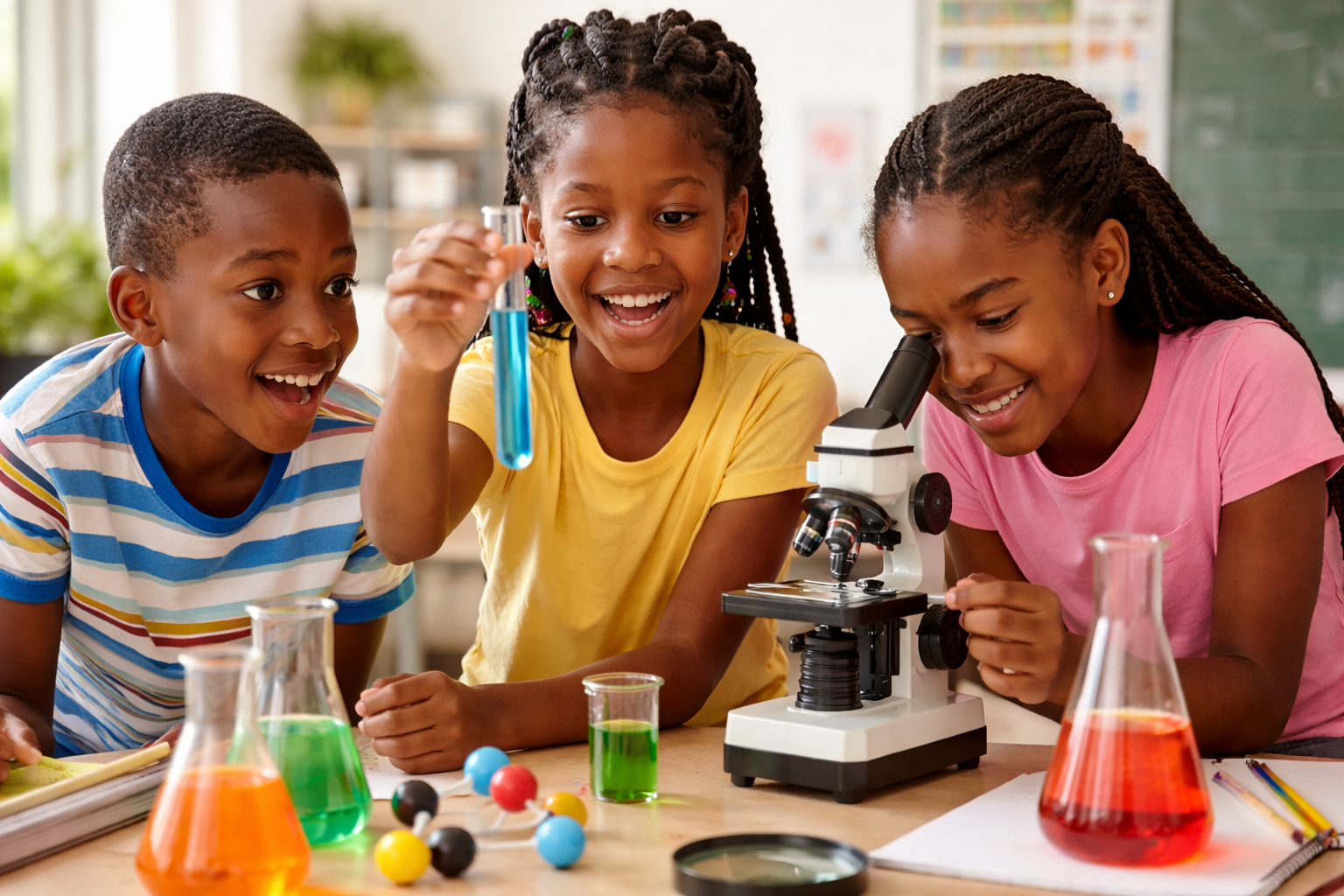 Happy children conducting simple science experiments in a classroom, learning the science definition through hands-on activities.