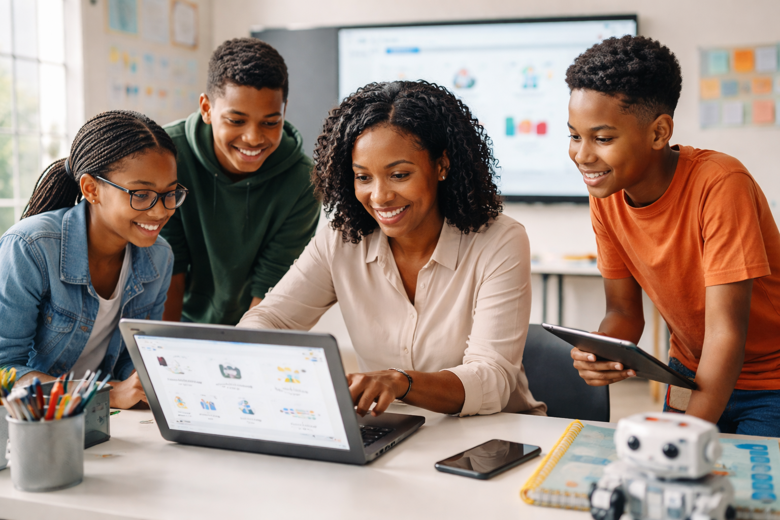Teacher using AI tools on a digital tablet in a modern classroom while students engage with interactive technology-based learning.