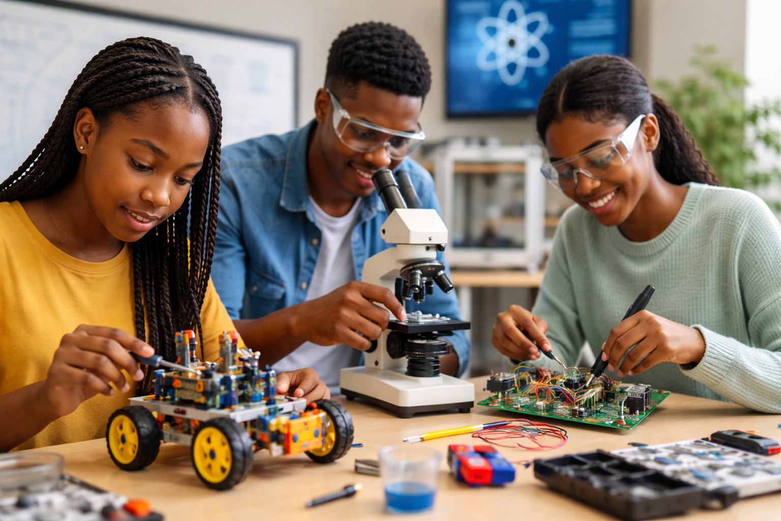 Students collaborating on science and technology projects in a classroom, representing hands-on STEM education learning.
