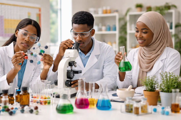 Illustration showing laboratory experiments, molecular structures, chemical formulas, and scientists representing the six branches of chemistry.