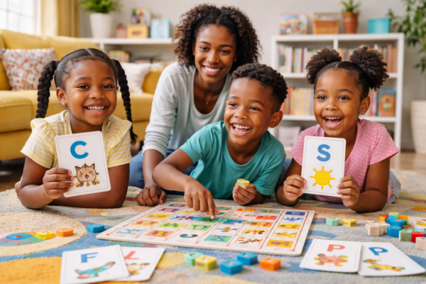 Young children playing phonics games in a classroom, using letter cards and visual aids to improve letter-sound recognition and early reading skills