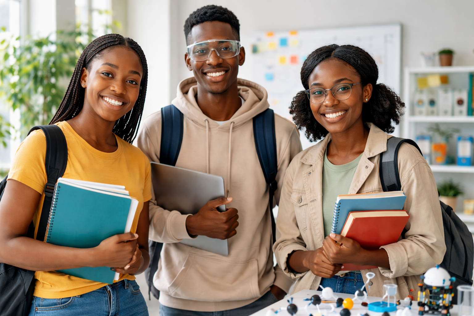 Diverse STEM students studying with laptops and textbooks in a modern university setting, representing STEM scholarship and grant opportunities.