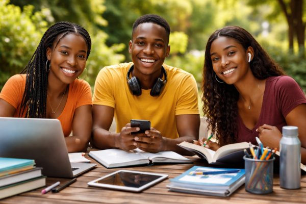 Students using laptops and tablets to access free online educational resources for studying and skill development.