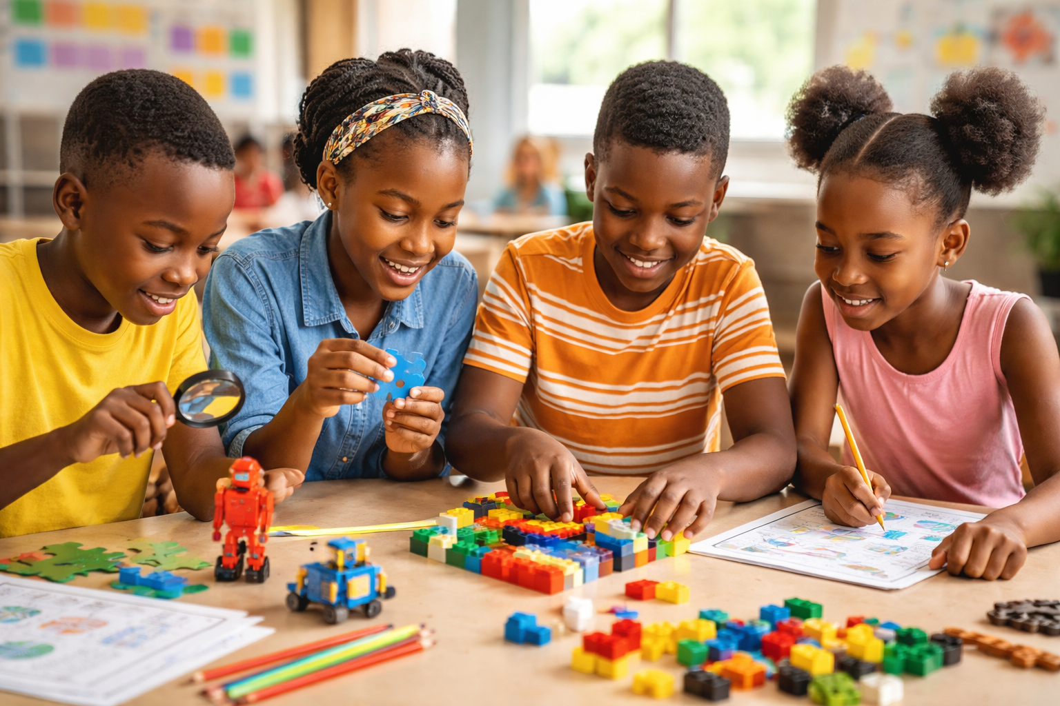 Students collaborating in a classroom discussion, analyzing ideas and solving problems together to build critical thinking skills through educational activities.
