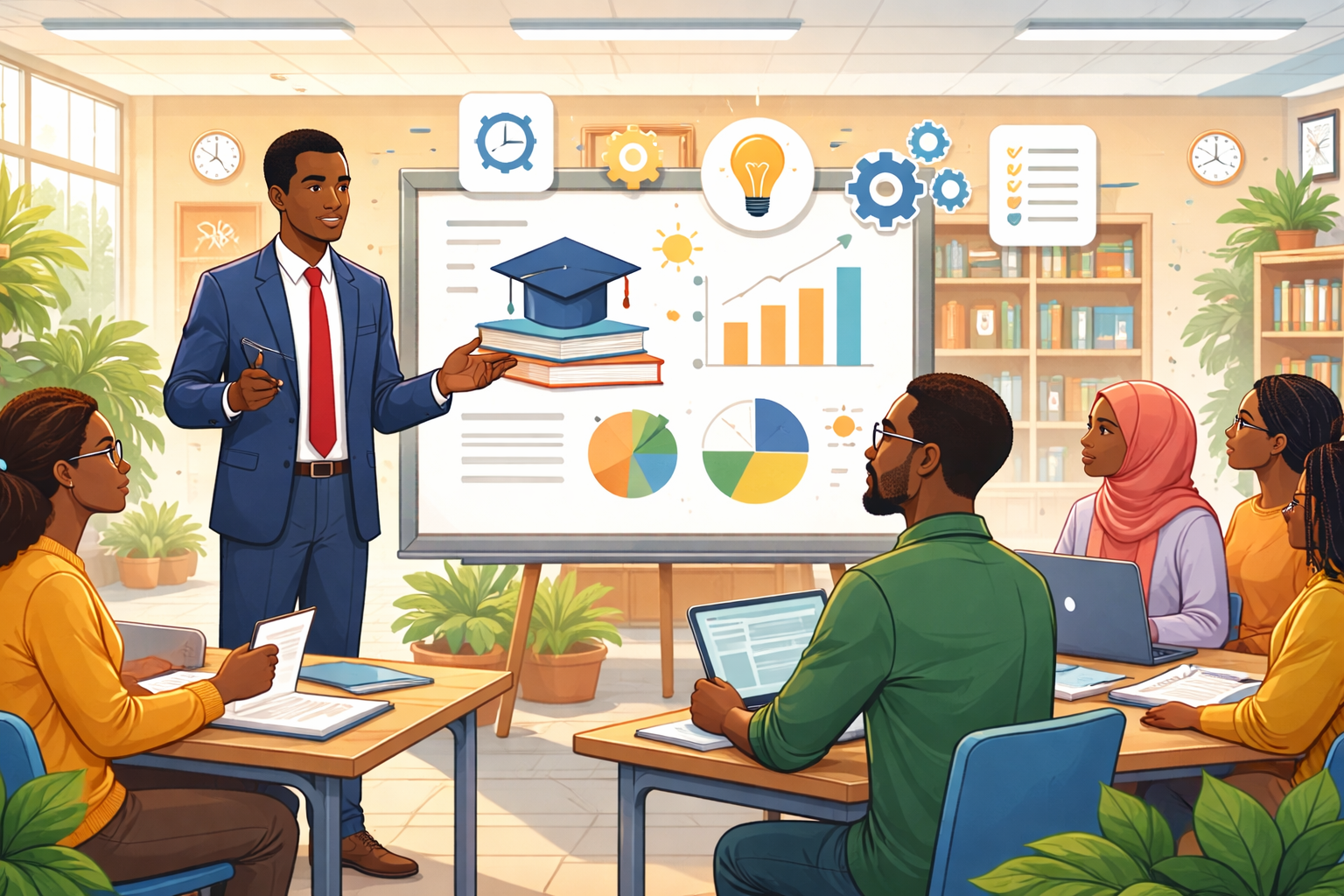 Modern classroom with diverse students using digital tools and collaborating on projects, representing education reform and the future of schools