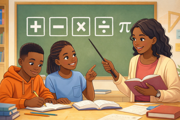 Students in a modern classroom solving math problems using conceptual understanding, procedural fluency, problem-solving, and real-world application—the Big 4 in Math.