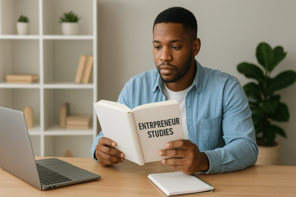 Students learning business innovation and startup skills in an entrepreneur studies class