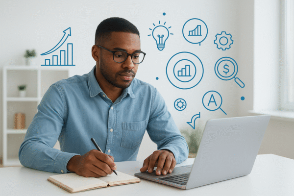 A young entrepreneur studying business and technology courses on a laptop with creative startup icons in the background