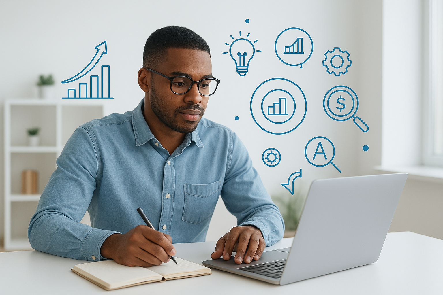 A young entrepreneur studying business and technology courses on a laptop with creative startup icons in the background
