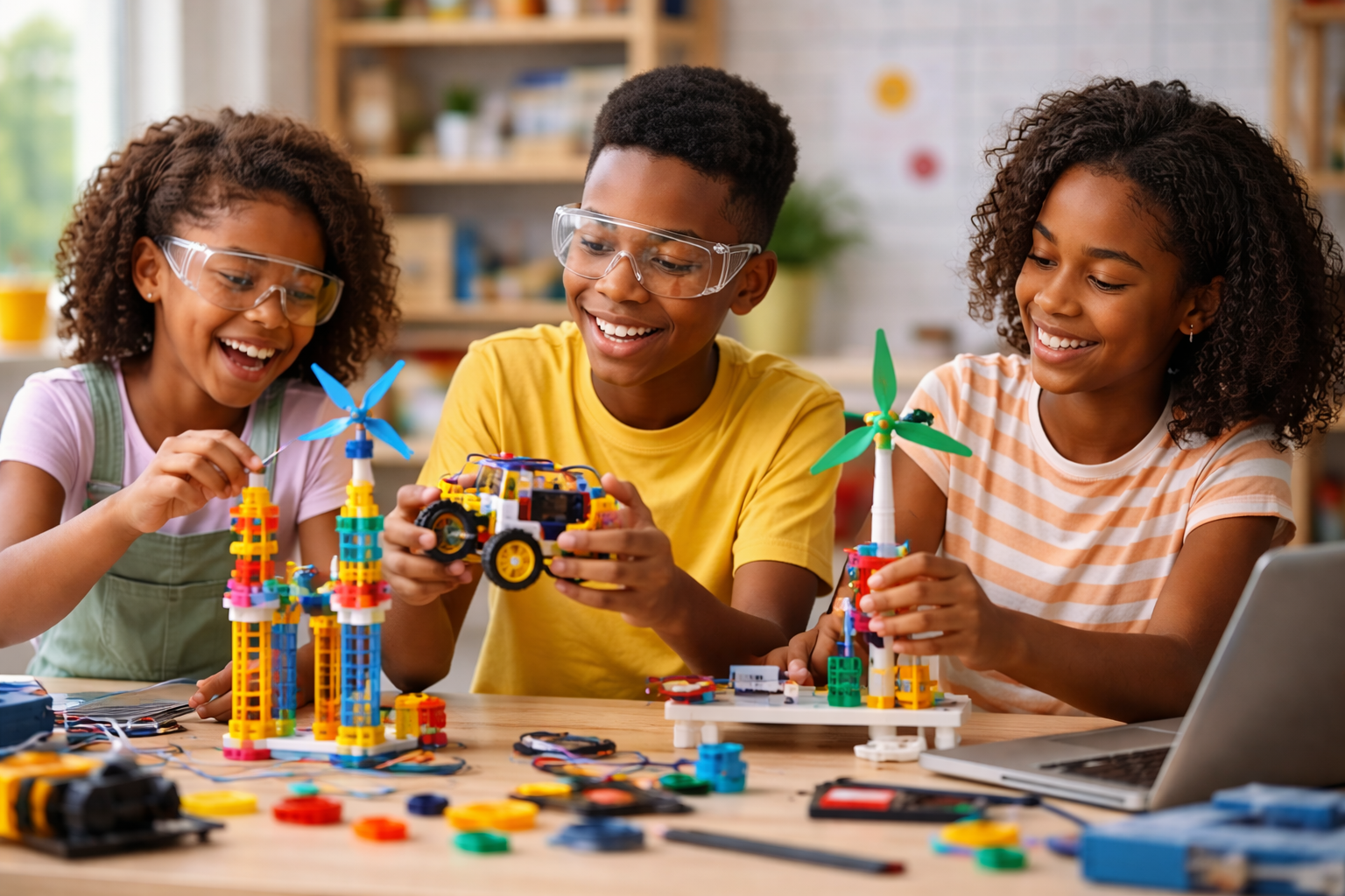 Children working together on hands-on engineering building projects using simple materials to learn STEM concepts in a classroom setting.