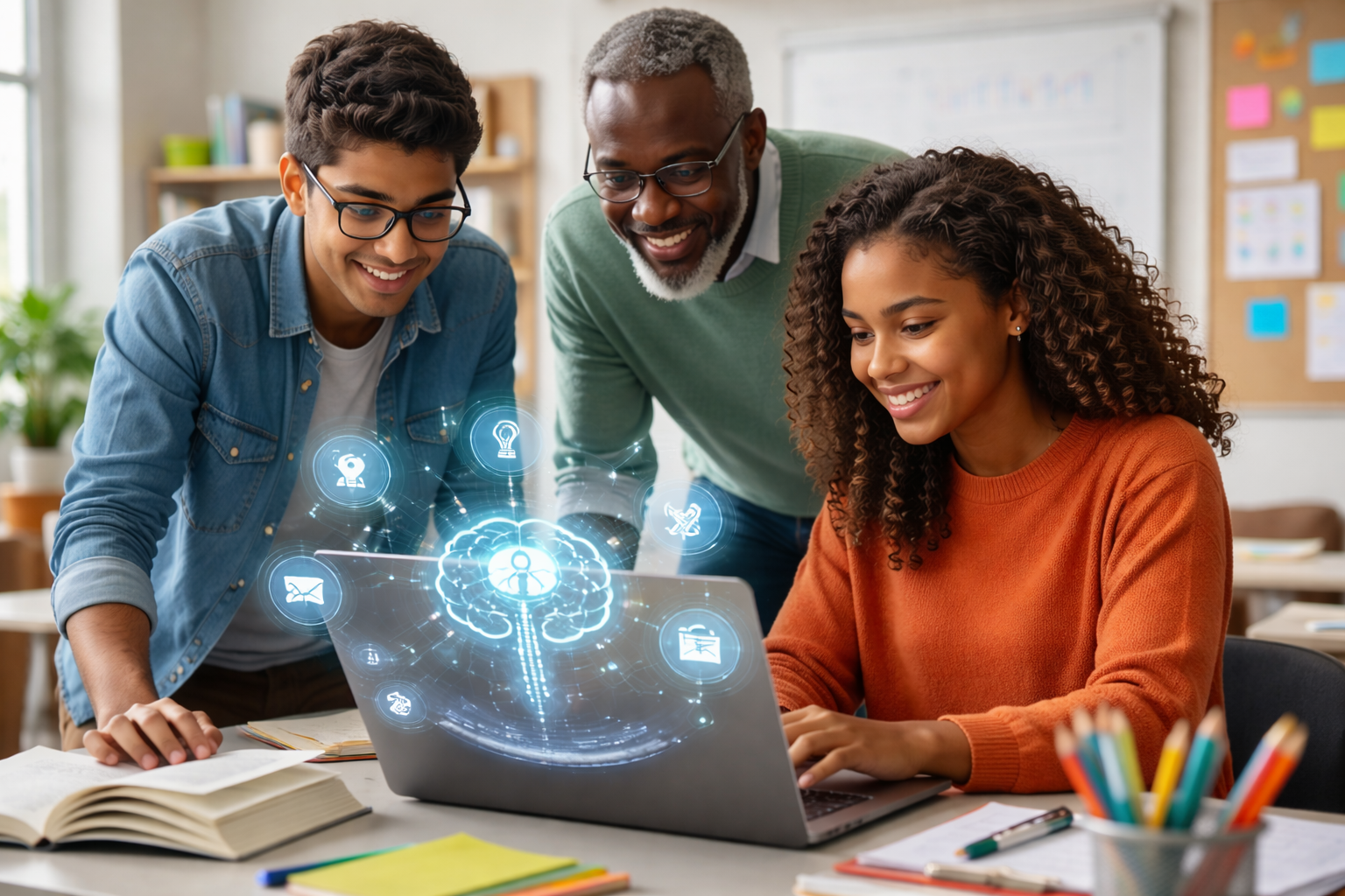 Teacher and students using generative AI tools on laptops in a modern classroom to support personalized and interactive learning.