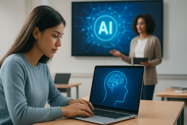 Students using digital learning tools and AI-powered education technology in a modern classroom environment.