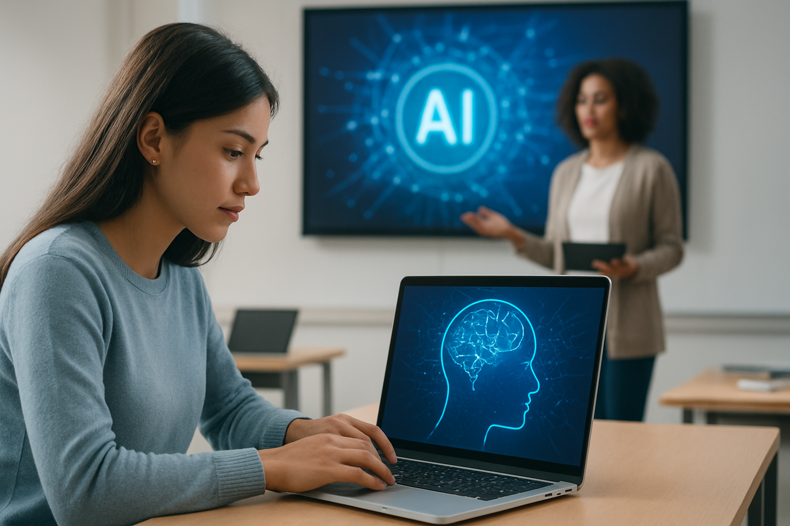 Students using digital learning tools and AI-powered education technology in a modern classroom environment.