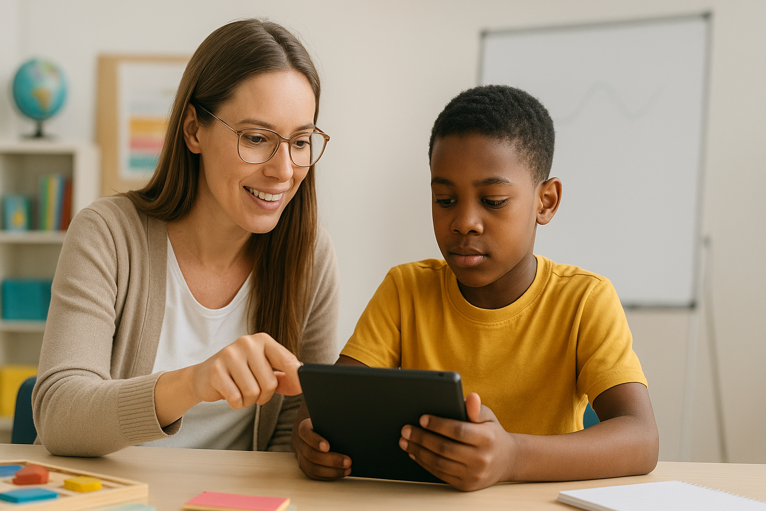 Teacher supporting a diverse group of students with disabilities during a classroom learning activity in a special education setting.