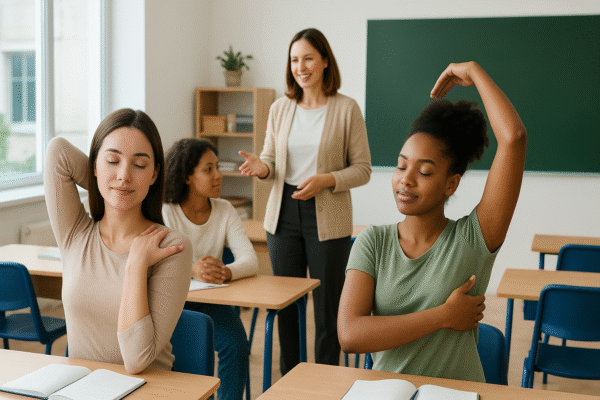 Students and teachers participating in a classroom wellbeing program, illustrating health and social-emotional learning integrated into modern education policy.