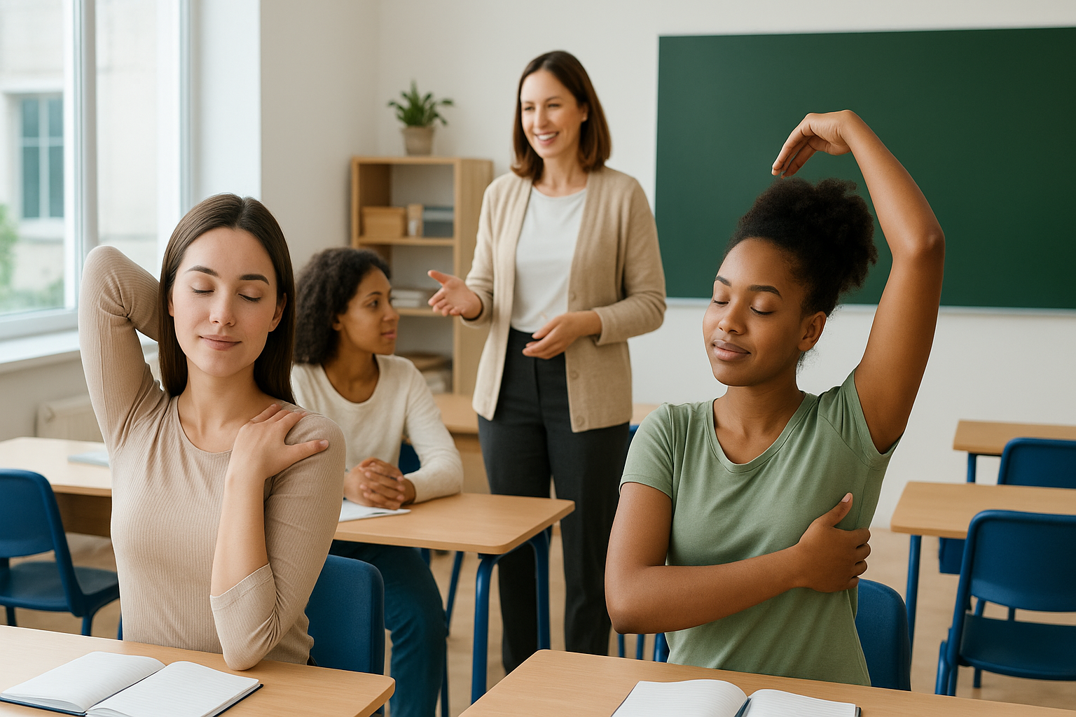 Students and teachers participating in a classroom wellbeing program, illustrating health and social-emotional learning integrated into modern education policy.