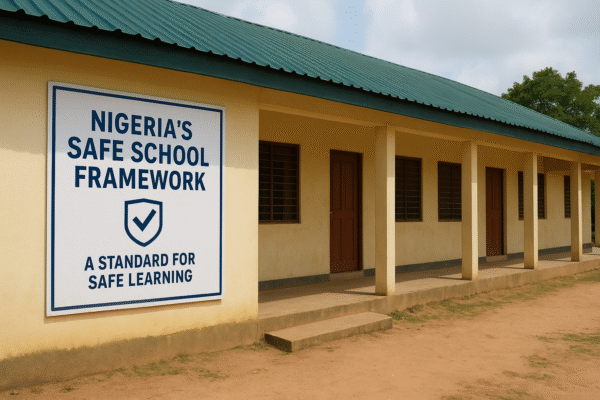 Students in a secure, modern Nigerian classroom with safety measures and trained staff, representing the Safe School Framework.