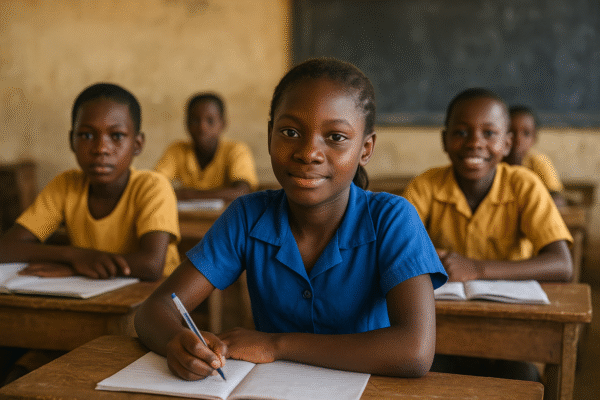 African children walking to school in a conflict-affected area, with damaged buildings and armed patrols in the background, illustrating how insecurity affects access to education.