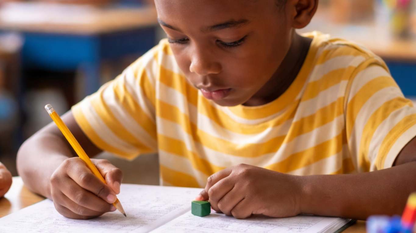 A child with ADHD concentrating on solving math problems in a classroom setting with supportive learning materials.