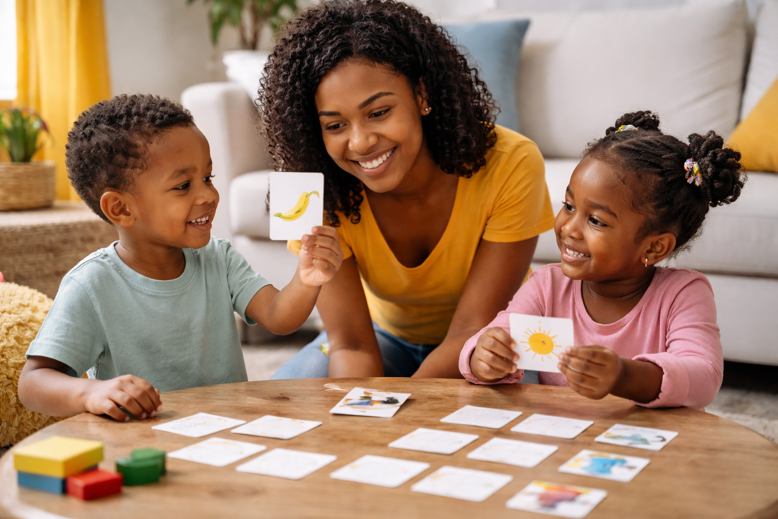Parent engaging a toddler in a memory-boosting learning activity using toys and puzzles