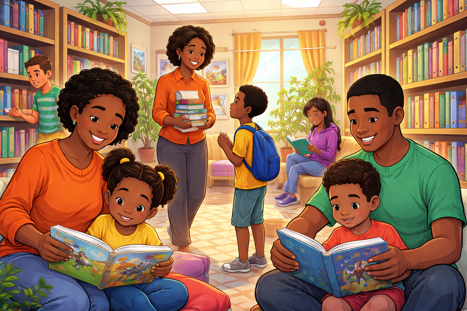 Inviting community library with diverse books and comfortable reading spaces that encourage a love for reading