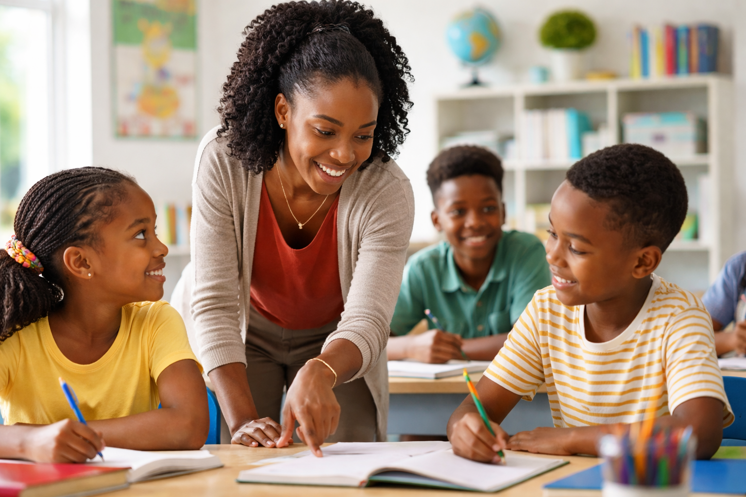 An exceptional teacher guiding students in a supportive classroom environment