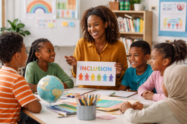 Students from diverse backgrounds learning together in an inclusive classroom focused on equity and mutual respect