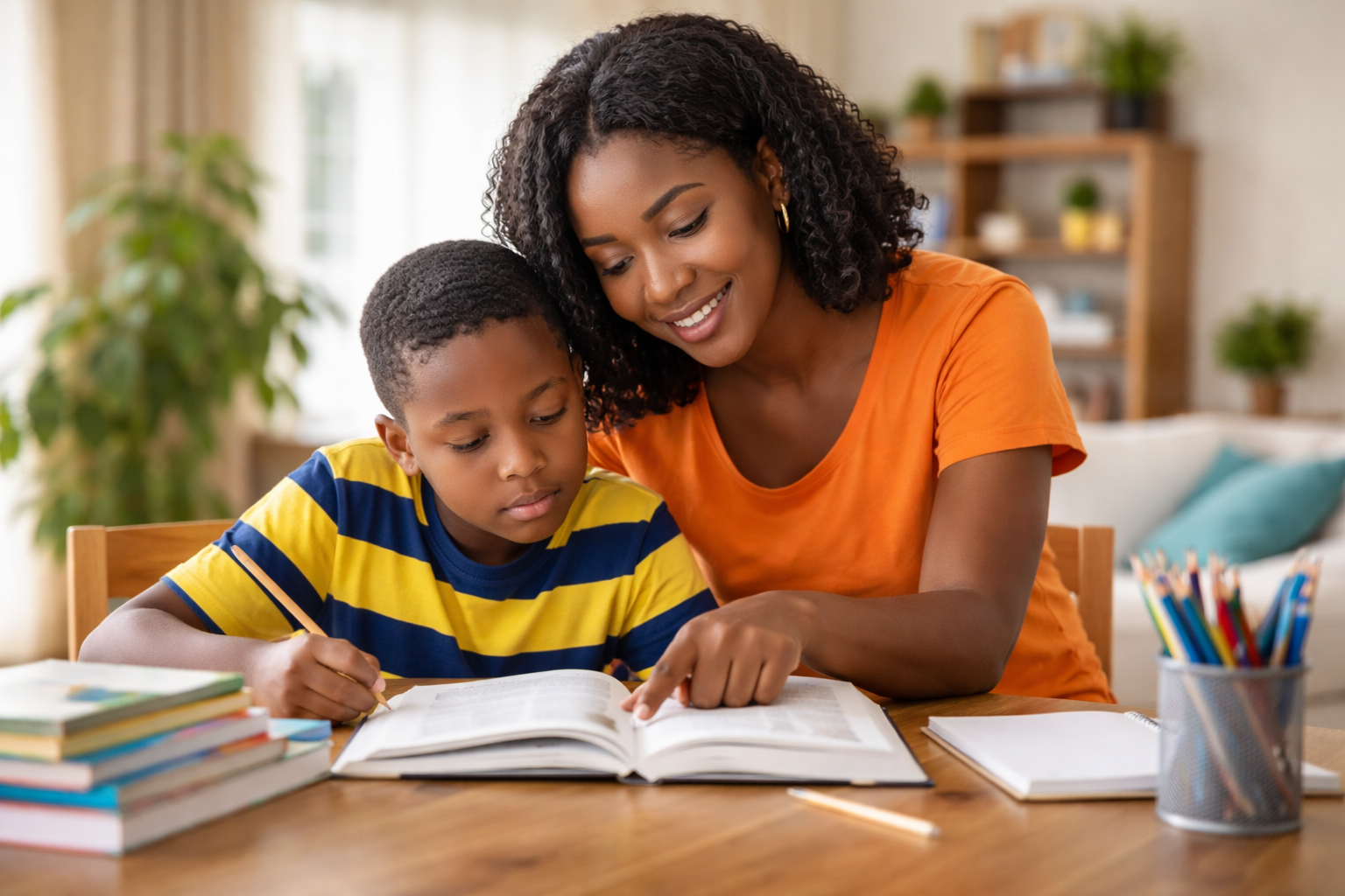 Adult supporting a child who is struggling with reading by reading together in a calm learning environment